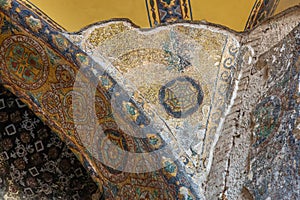 Ancient byzantine mosaic with geometric patterns in historic architecture