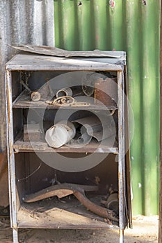 Ancient Cabinet With Household Items In Abandoned Hut On Queensland Gemfields