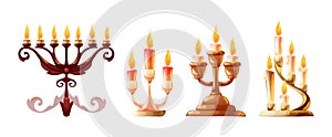 Set of ancient candlesticks with burning wax candles