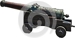 Ancient cannon. Antique bronze gun on a wooden carriage with wheels isolated on white background