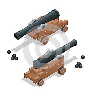 Ancient cannon with cannon balls. Artillery gun. Old cannon Flat 3d vector isometric illustration