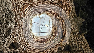 Stone ceiling opening in ancient Cappadocia cave Turkey