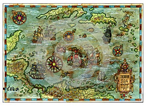 Ancient Caribbean Sea map with pirate ships and islands