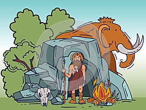 Ancient cartoon caveman standing near his cave vector illustration. Historic primitive dweller, anciently human of