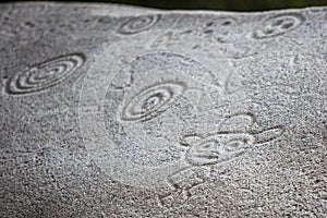 Ancient carved figures on stones in Jayuya Puerto Rico photo