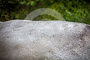 Ancient carved figures on stones in Jayuya Puerto Rico photo