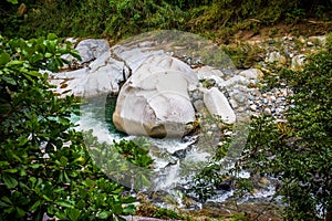 Ancient carved figures on stones in Jayuya Puerto Rico photo