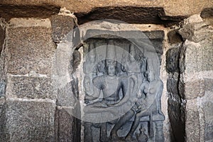 Ancient carvings inside the Shore Temple at Mahabalipuram in Tamil Nadu, India