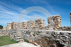 Ancient castle at Frias, Merindades, Burgos. Stone walls and blue sky. Spain