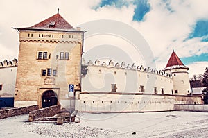 Ancient castle in Kezmarok, Slovakia, red filter