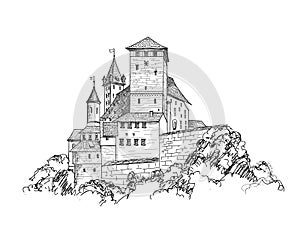 Ancient castle landscape engraving Tower building sketch skyline