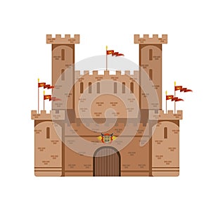 Ancient castle with red flags, medieval architecture building vector Illustration