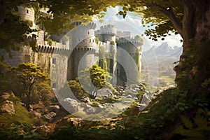 Ancient Castle Ruins, ivy-covered stone walls, forgotten tales of valor. Generative AI