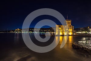 The ancient castle on the sea by night, Rapallo, Genoa Genova, Italy