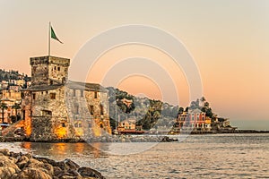 The ancient castle on the sea at sunset, Rapallo, Genoa Genova, Italy