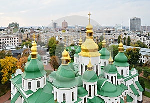 Ancient cathedral against the modern city Kyiv