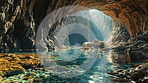 An ancient cave with clear water