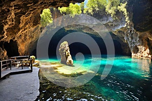 Ancient cave landscape with crystal clear water.