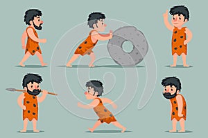 Ancient Cave Man Character Different Positions and Actions Icons Set Cartoon Design Vector Illustration photo