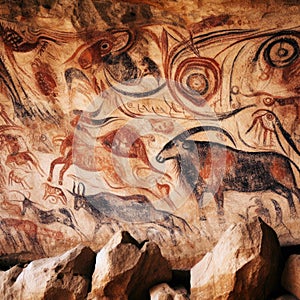 Ancient cave paintings decorate the walls