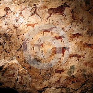 Ancient cave paintings decorate the walls