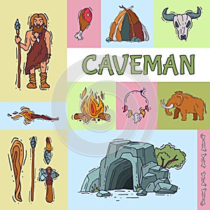 Ancient caveman, his cave and tools for hunting. Anciently human of stoneage, historic primitive dweller vector