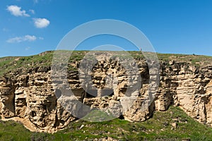 Ancient caves near the mausoleum of Diri Baba, places for pilgrims 14th century, Gobustan city, Azerbaijan