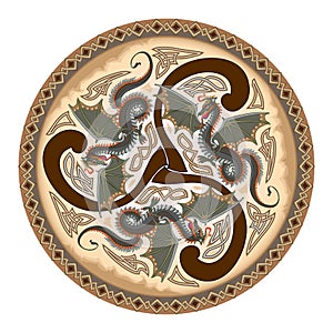 Ancient Celtic symbol. Triple trickle spiral ornament with fantasy druid dragons symbols. Ethnic Breton sign. Print for logo, icon