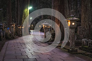 Ancient Cemetery at night inside a forrest, Okunoin Cemetery, Wakayama, Japan