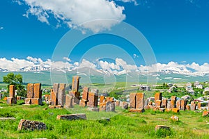 Ancient cemetery Noratus in Armenia with stone gravestones