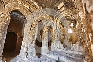 Ancient chapel excavated in the rock. Ilhara valley. Selime. Turkey