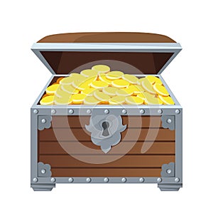 Ancient chest. Wooden box treasures with stack jewelry treasury, cartoon vector