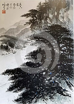 Ancient China Li Xiongcai Lingnan Chinese Brush Painting Drawing Landscape Sketch Nature Mountain Antique Watercolor Scenic Art