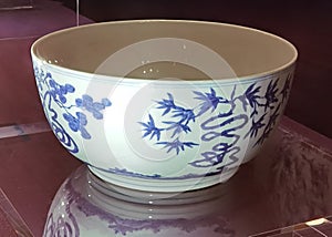 Ancient China Ming Dynasty Wanli Ceramic Antique Porcelain Blue-and-white Bowl Typography Pine Bamboo Plum Chrysanthemum Porcelana photo