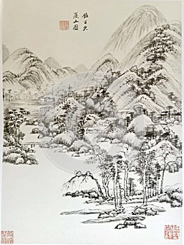 Ancient China Qin Wang Jian Chinese Brush Painting Drawing Antique Landscape Sketch Nature Mountain Watercolor Scenic Art Seal