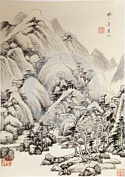 Ancient China Qin Wang Jian Chinese Brush Painting Drawing Antique Landscape Sketch Nature Mountain Watercolor Scenic Art Seal