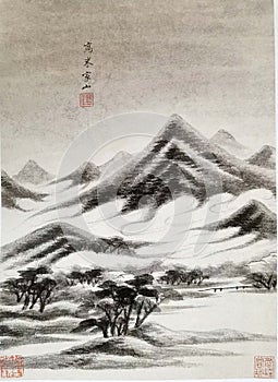 Ancient China Qin Wang Jian Chinese Brush Painting Drawing Antique Landscape Sketch Nature Mountain Watercolor Scenic Art Seal
