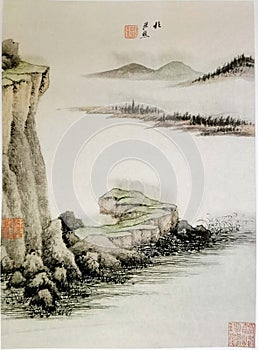 Ancient China Qin Wang Jian Chinese Brush Painting Drawing Antique Landscape Sketch Nature Mountain Watercolor Scenic Art Seal