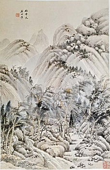 Ancient China Qin Wang Jian Chinese Brush Painting Drawing Antique Landscape Sketch Nature Mountain Watercolor Scenic Art Seal