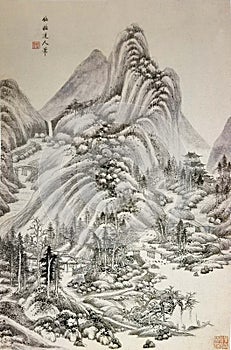 Ancient China Qin Wang Jian Chinese Brush Painting Drawing Antique Landscape Sketch Nature Mountain Watercolor Scenic Art Seal