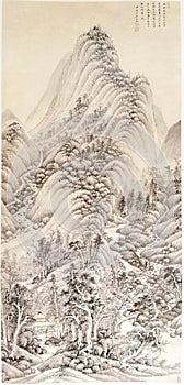 Ancient China Qin Wang Jian Chinese Brush Painting Drawing Antique Landscape Sketch Nature Mountain Watercolor Scenic Art Seal