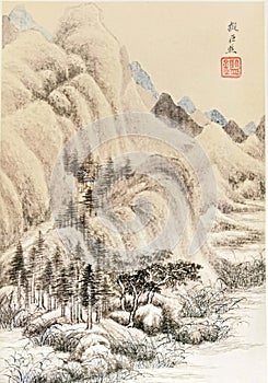 Ancient China Qin Wang Jian Chinese Brush Painting Drawing Antique Landscape Sketch Nature Mountain Watercolor Scenic Art Seal