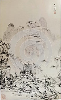 Ancient China Qin Wang Jian Chinese Brush Painting Drawing Antique Landscape Sketch Nature Mountain Watercolor Scenic Art Seal