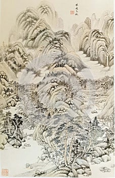 Ancient China Qin Wang Jian Chinese Brush Painting Drawing Antique Landscape Sketch Nature Mountain Watercolor Scenic Art Seal