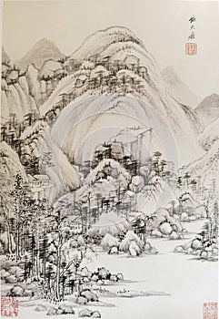 Ancient China Qin Wang Jian Chinese Brush Painting Drawing Antique Landscape Sketch Nature Mountain Watercolor Scenic Art Seal