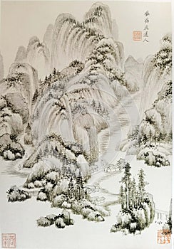 Ancient China Qin Wang Jian Chinese Brush Painting Drawing Antique Landscape Sketch Nature Mountain Watercolor Scenic Art Seal