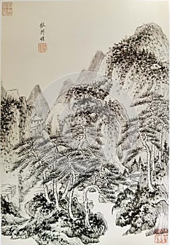 Ancient China Qin Wang Jian Chinese Brush Painting Drawing Antique Landscape Sketch Nature Mountain Watercolor Scenic Art Seal