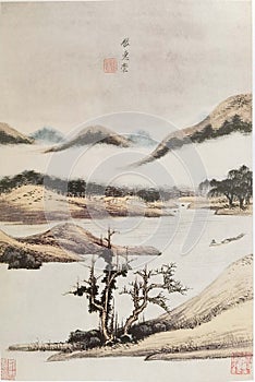 Ancient China Qin Wang Jian Chinese Brush Painting Drawing Antique Landscape Sketch Nature Mountain Watercolor Scenic Art Seal