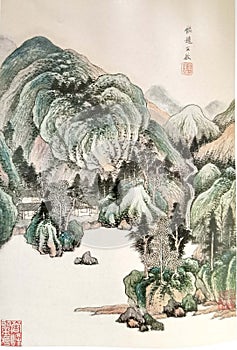 Ancient China Qin Wang Jian Chinese Brush Painting Drawing Antique Landscape Sketch Nature Mountain Watercolor Scenic Art Seal