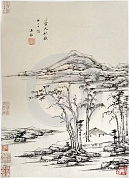 Ancient China Qin Wang Jian Chinese Brush Painting Drawing Antique Landscape Sketch Nature Mountain Watercolor Scenic Art Seal